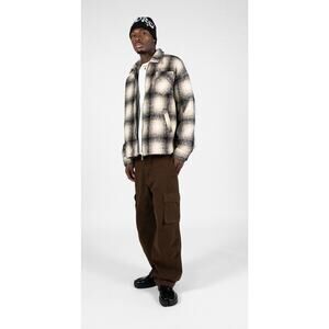 Hours Collection Flannel Zip Overshirt Black Mens Size Large New Tan Jacket